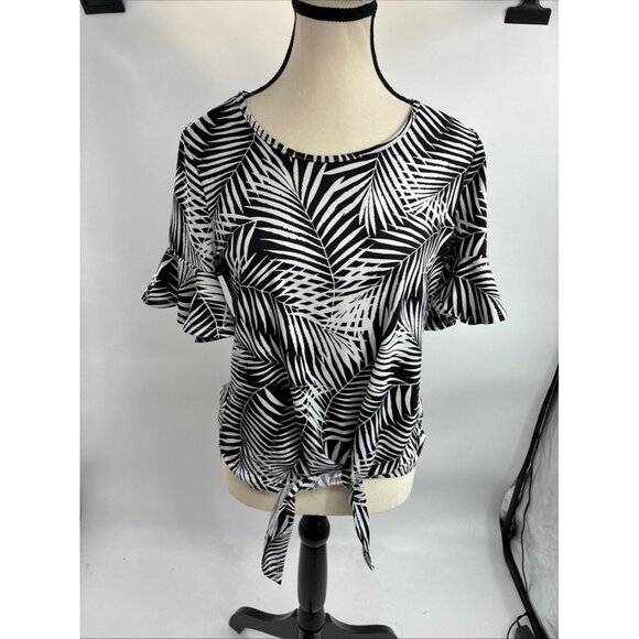 89TH + MADISON Women's Black White Palm Print Blouse M Ruffle Sleeve - Picture 1 of 6